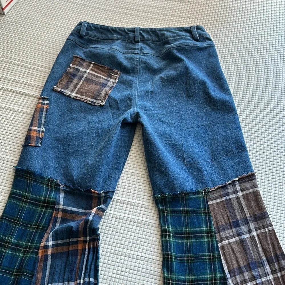 Dolls Kill Blue Plaid Patchwork Flare Pants - Picture 8 of 12